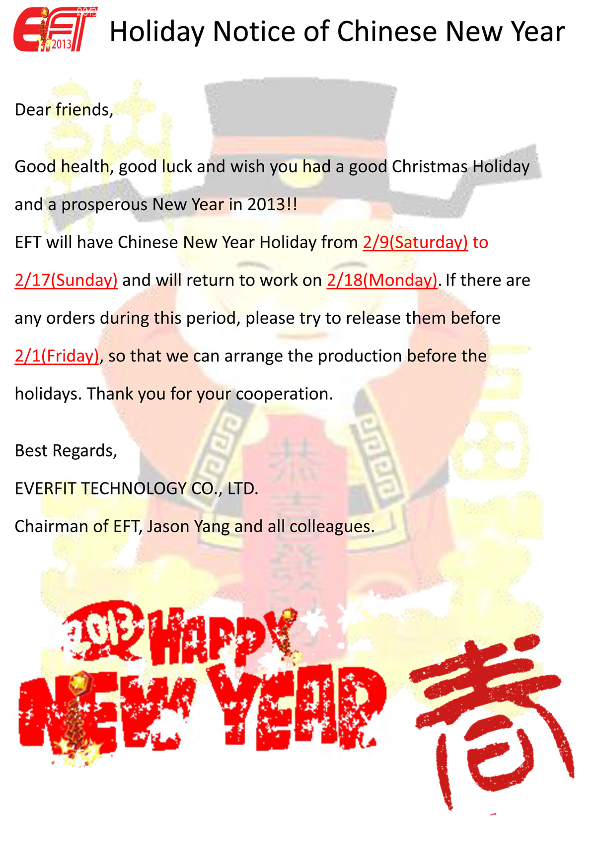 Feiertagsmitteilung zum chinesischen Neujahr